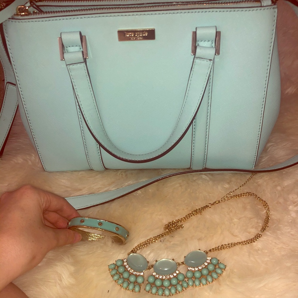 Light Blue Kate Spade bag, necklace, and bracelet